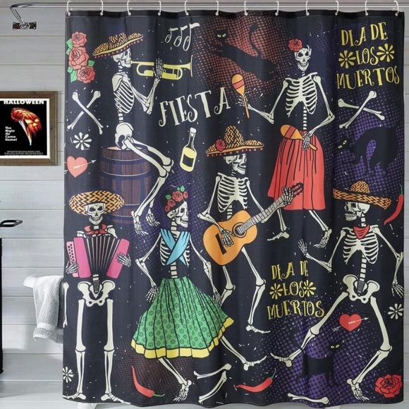 Bath Halloween Shower Curtain Set With Hooks Day Of The Dead Dancing